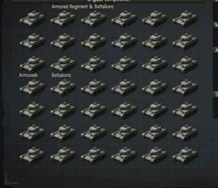 Schemat dywizji pancernej w Hearts of Iron IV z czołgami i jednostkami wsparcia