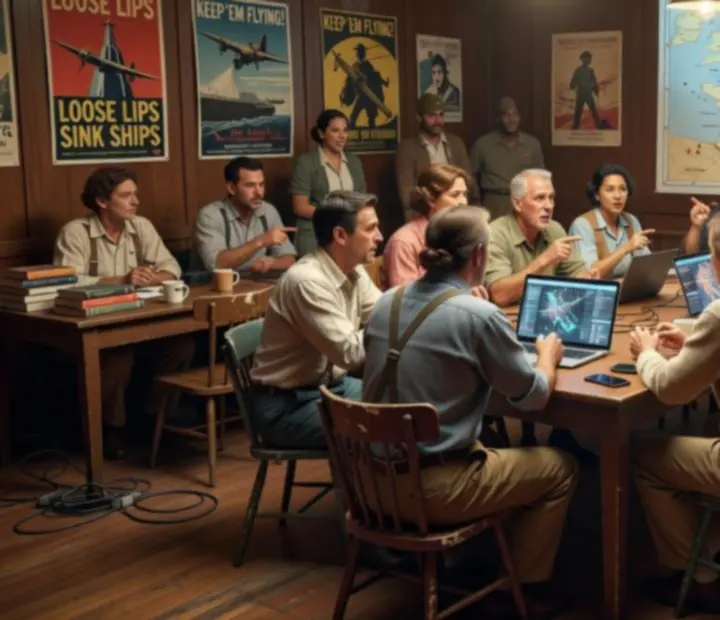 Sala dyskusyjna z mapą strategiczną symbolizująca społeczność graczy Hearts of Iron IV