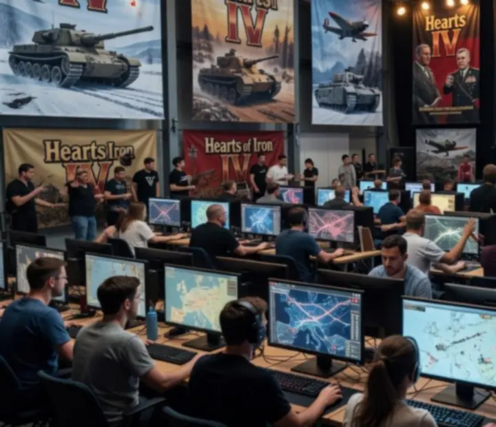 Sala turniejowa z graczami Hearts of Iron IV przy stanowiskach