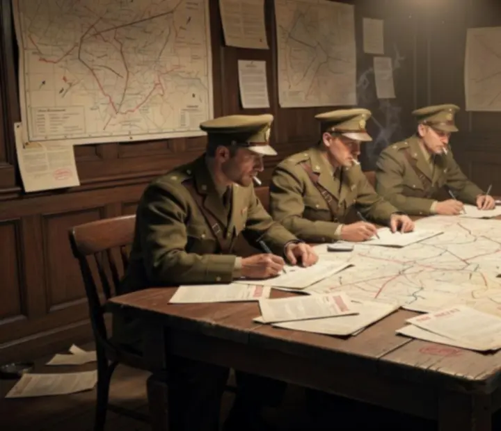 Deweloperski briefing wojskowy z mapą i planami operacyjnymi