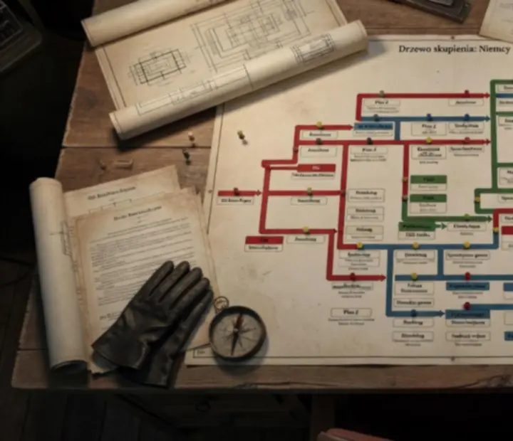Schemat niemieckiego drzewka narodowego w Hearts of Iron IV pokazujący rozgałęzione ścieżki polityczne, militarne i przemysłowe