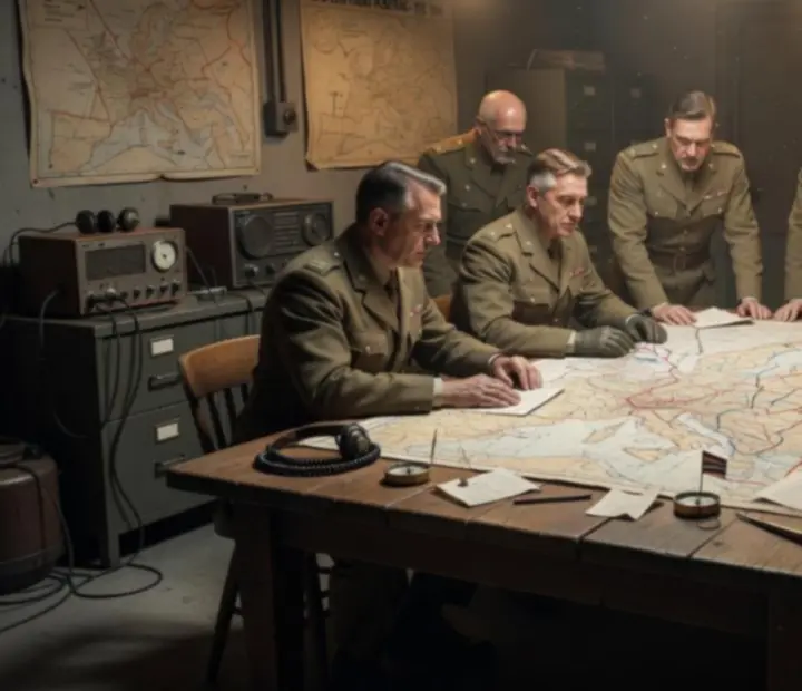Cinematiczne centrum dowodzenia z mapą frontu inspirowane realiami II wojny światowej