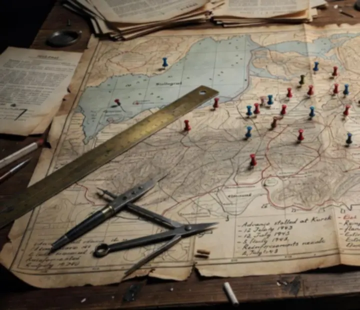 Historyczna mapa kampanii wojennej z zaznaczonymi strzałkami natarcia