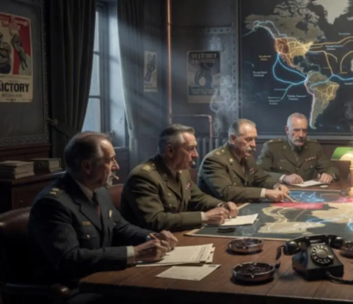 Taktyczna mapa przedstawiająca historyczne i alternatywne ścieżki drzewek narodowych w Hearts of Iron IV