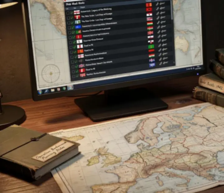 Ekran launchera Hearts of Iron IV z listą zainstalowanych modów