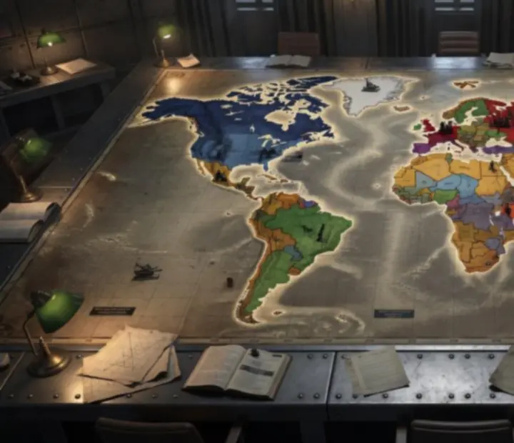 Strategiczna mapa świata z zaznaczonymi głównymi nacjami w Hearts of Iron IV