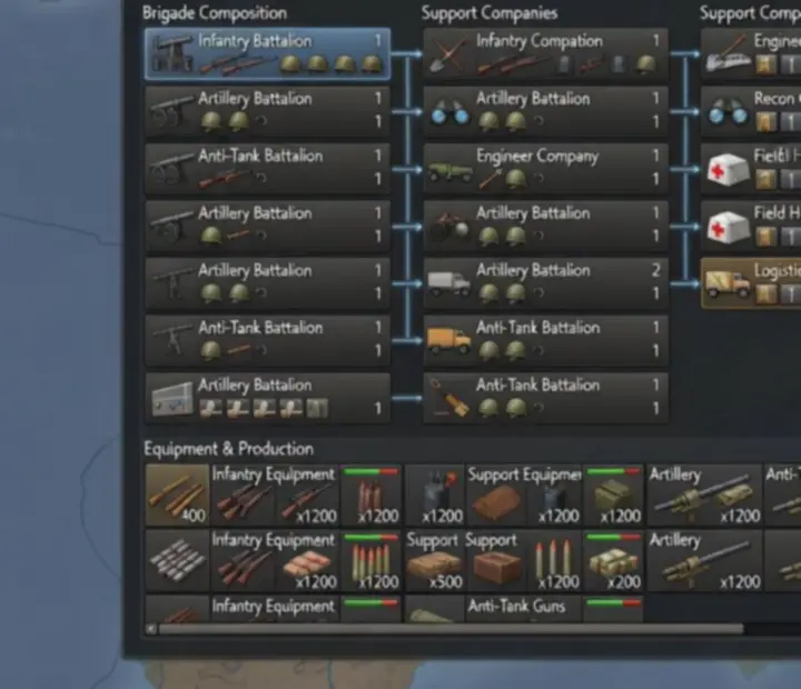 Taktyczna mapa z zaznaczonym szablonem dywizji piechoty w Hearts of Iron IV