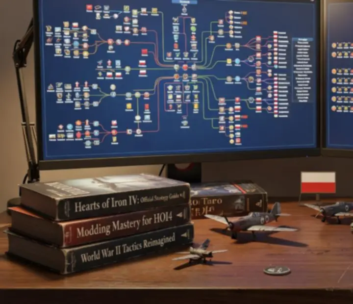 Plansza prezentująca rozszerzone drzewka narodowe z dodatków i modów do Hearts of Iron IV