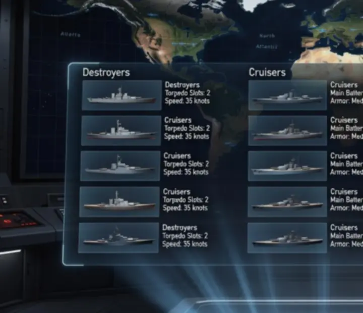 Mapa operacyjna z rozmieszczeniem flot i szablonami okrętów w Hearts of Iron IV