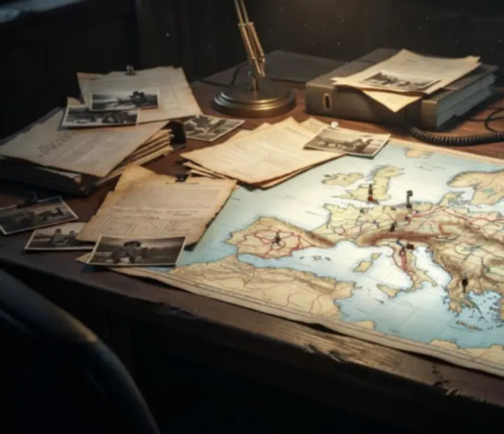 Biurko sztabu z mapą frontu i raportami z Hearts of Iron IV